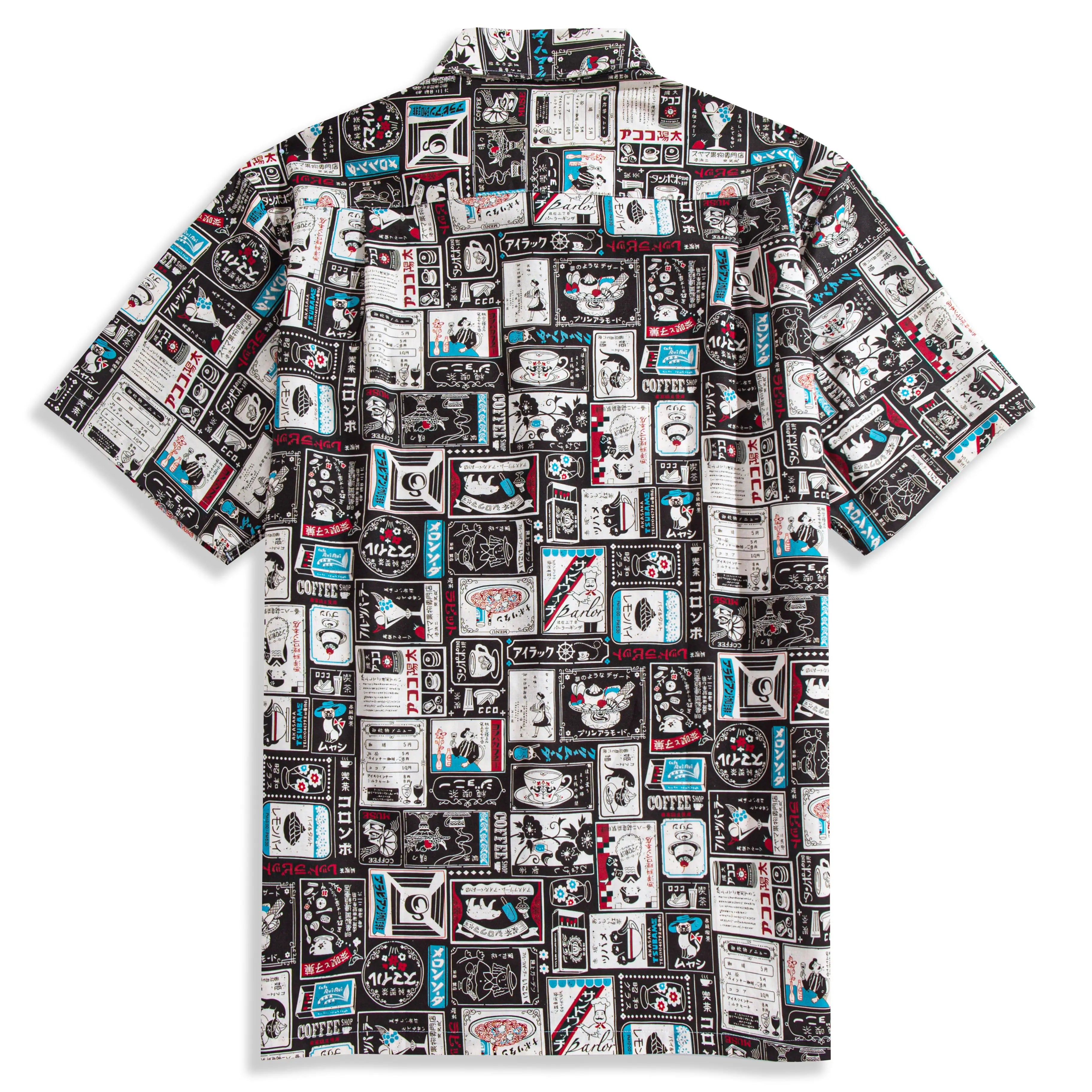 OROMEN Japanese Magazine Sticker Hawaiian Shirt – Black Cotton, Retro Kissaten Allover Print, Back View