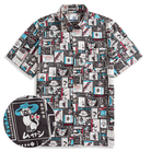 OROMEN Japanese Magazine Sticker Hawaiian Shirt – Black Cotton, Retro Kissaten Cat & Coffee Print, Front View