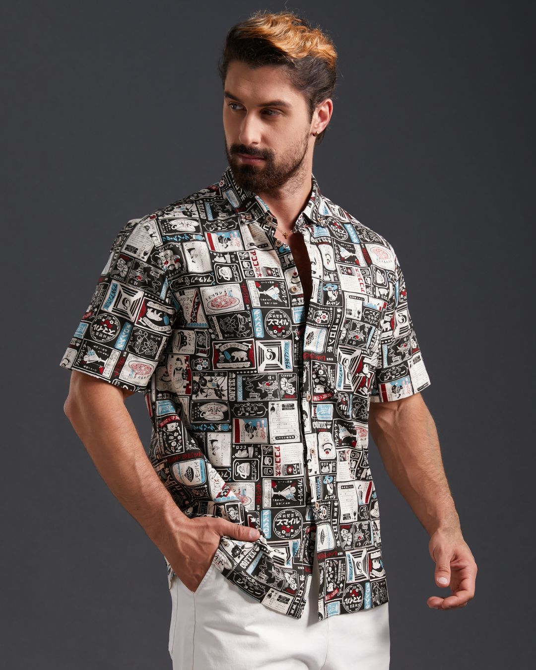 OROMEN Japanese Magazine Sticker Hawaiian Shirt – Men's Model Wearing Black & White Retro Kissaten Print, Short Sleeve Button-Down