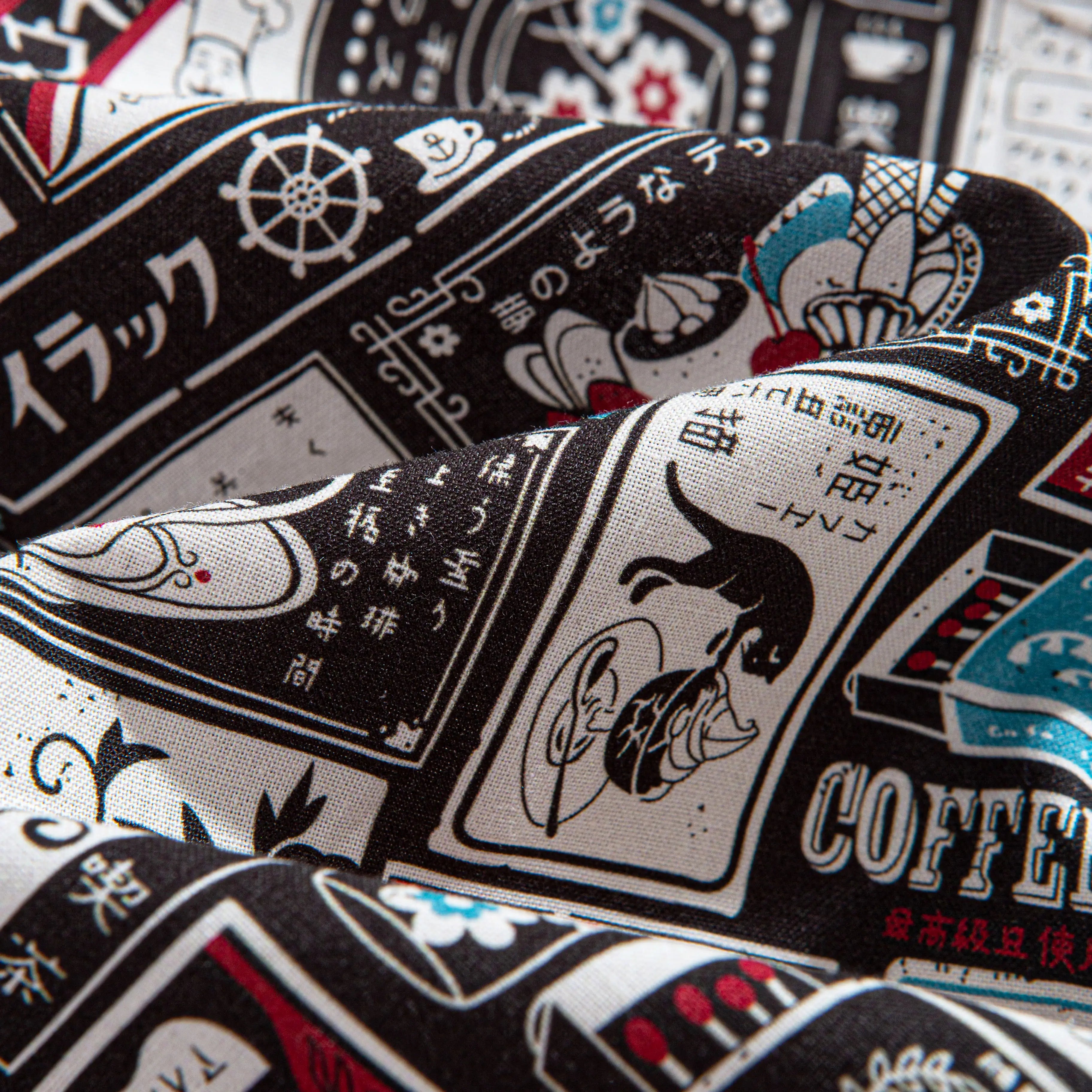 OROMEN Japanese Magazine Sticker Shirt – 100% Cotton Fabric Texture, Retro Japanese Sticker Print Close-up