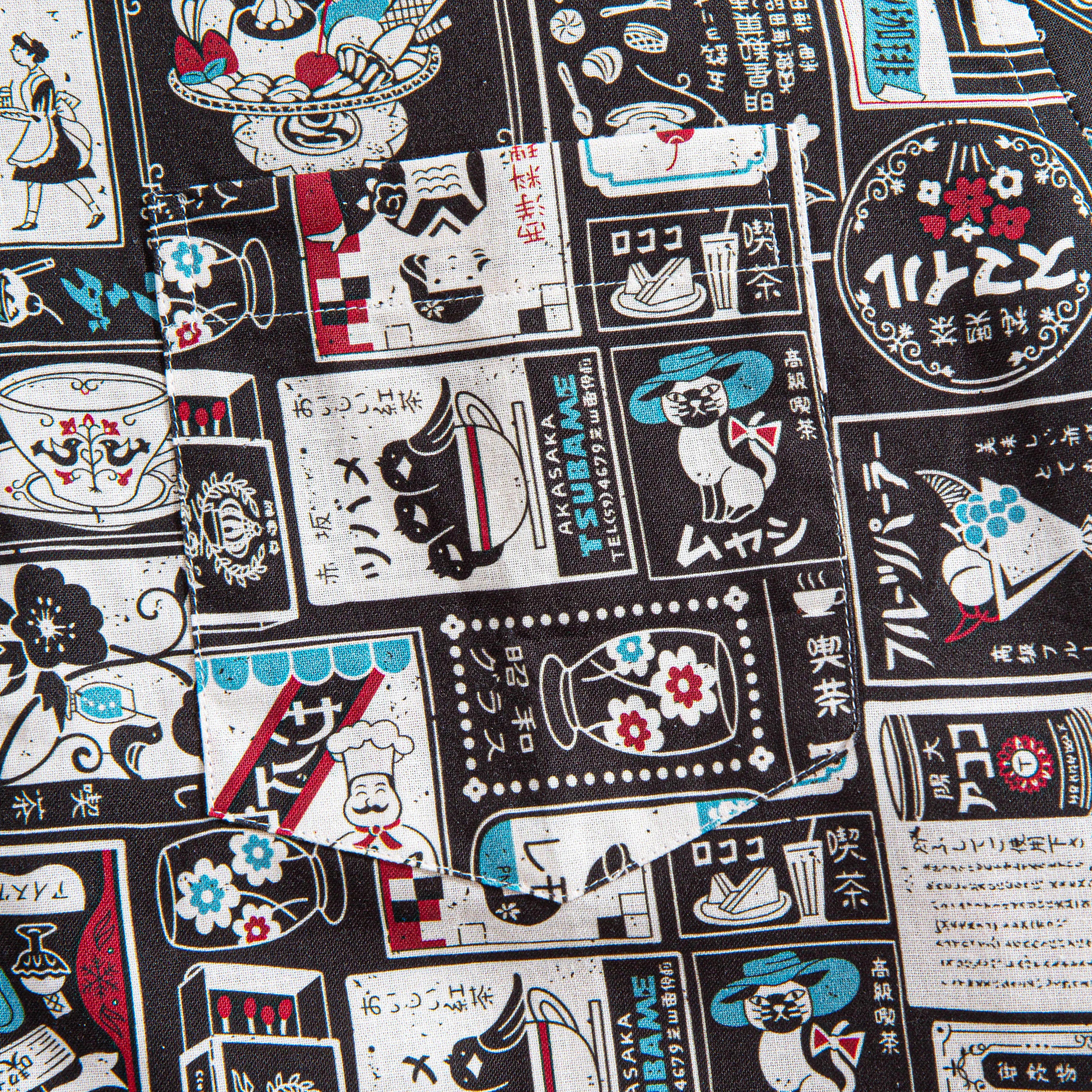 OROMEN Japanese Magazine Sticker Shirt – Chest Pocket Detail, Retro Cat Cafe and Kissaten Sticker Print