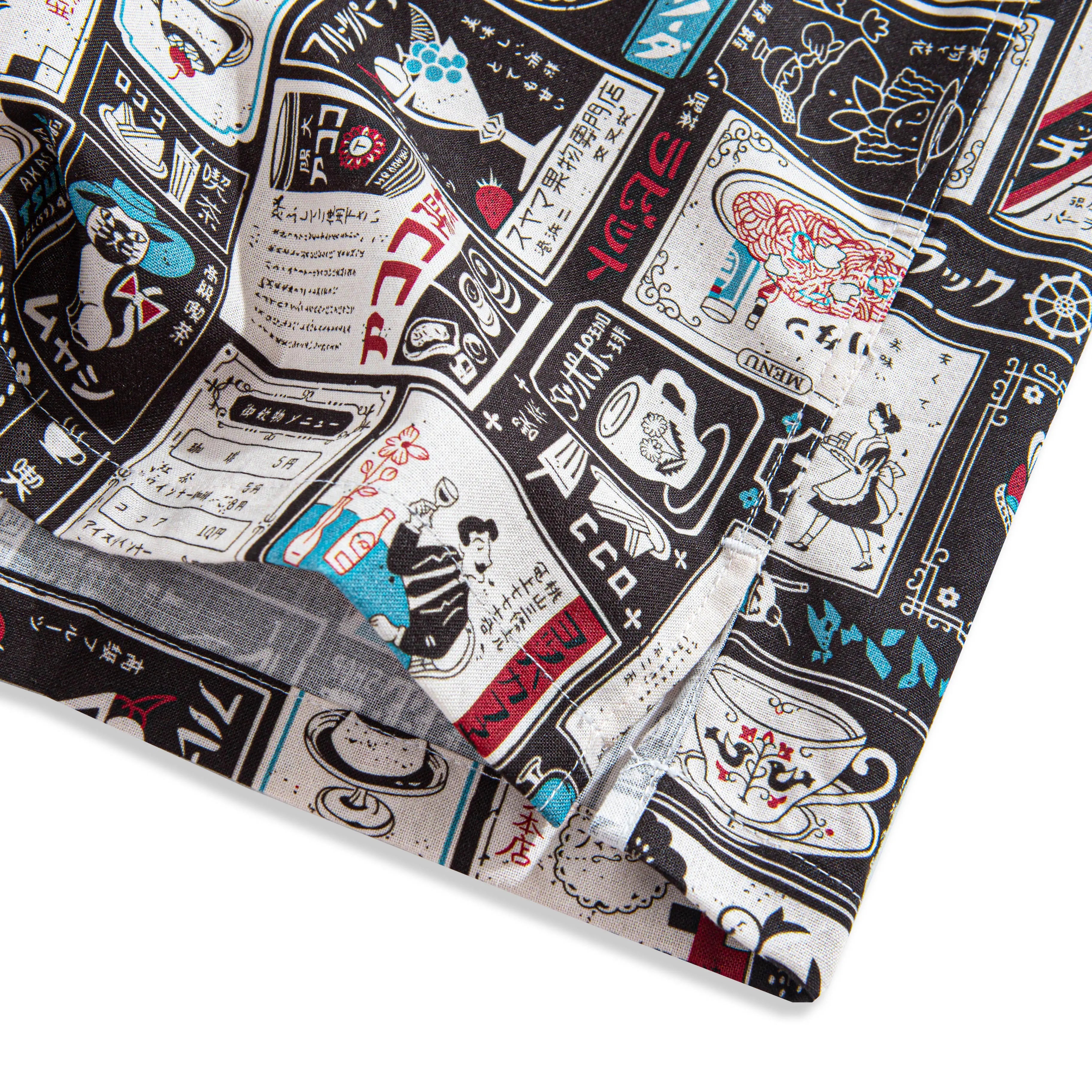 OROMEN Japanese Magazine Sticker Shirt – Side Vent and Hem Detail, Kissaten Menu and Coffee Print