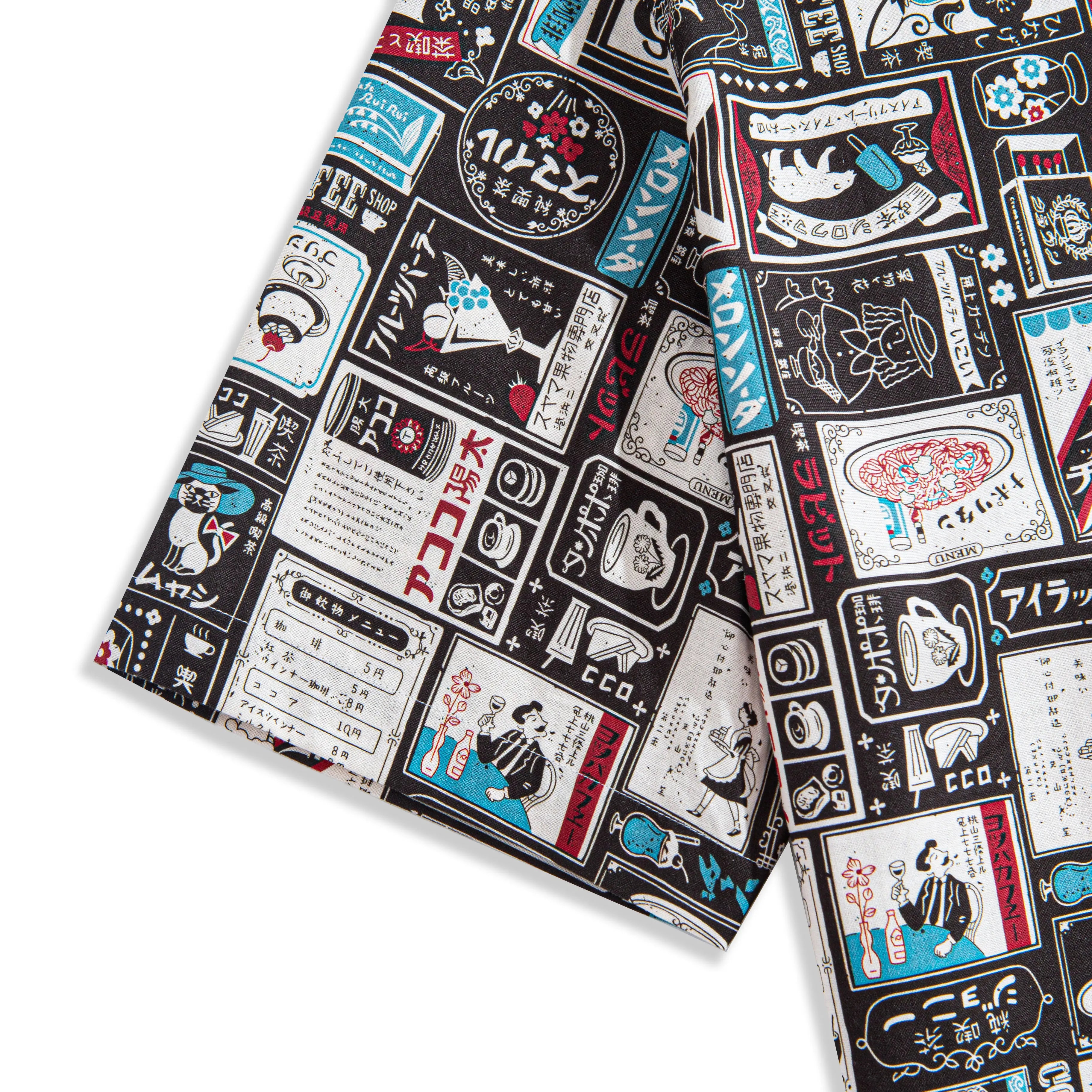 OROMEN Japanese Magazine Sticker Shirt – Sleeve and Hem Detail, Japanese Menu and Ramen Motif Print