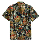 OROMEN Kabuki Warriors Hawaiian shirt back flat lay showing full allover Japanese Ukiyo-e Kabuki warrior scene print on dark navy cotton