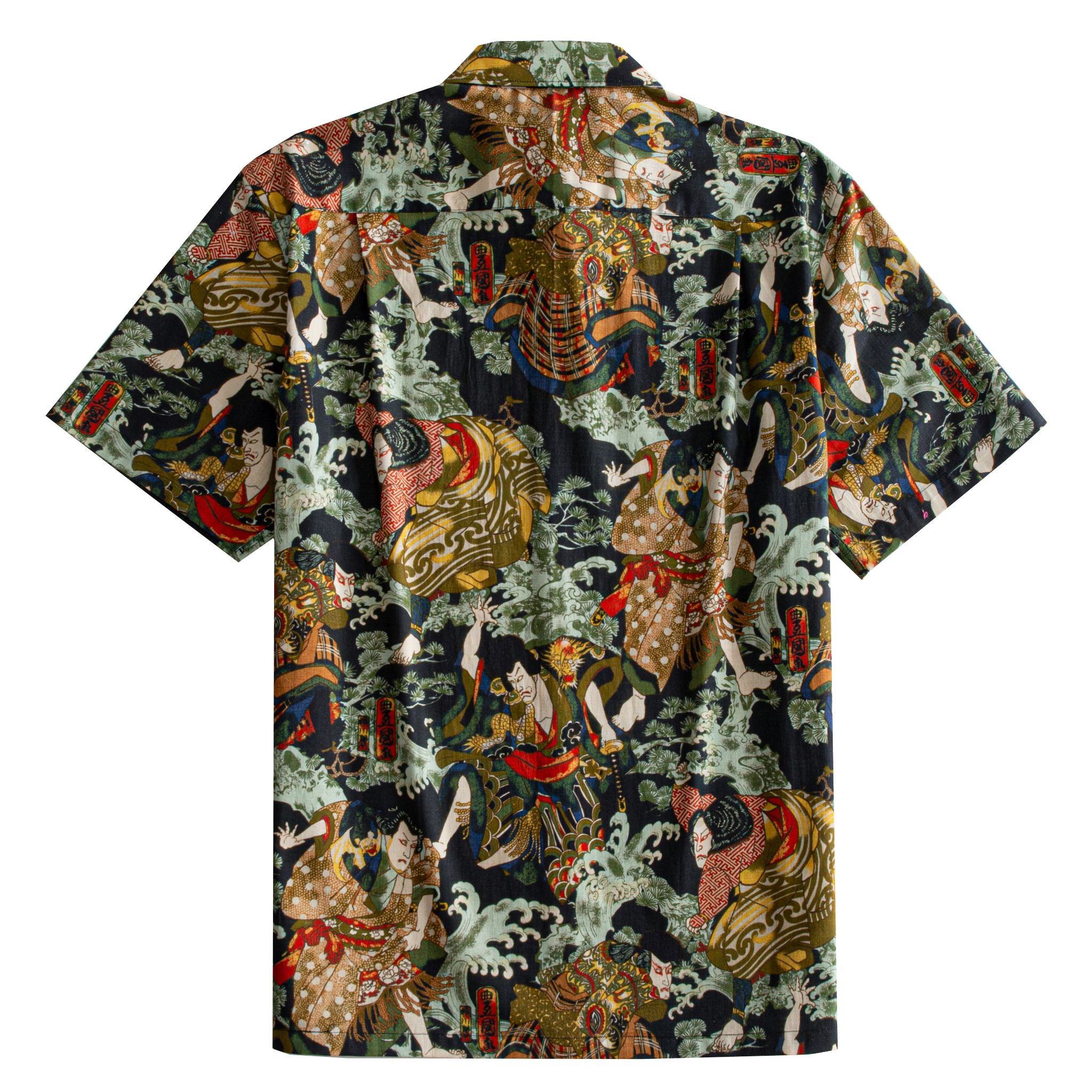 OROMEN Kabuki Warriors Hawaiian shirt back flat lay showing full allover Japanese Ukiyo-e Kabuki warrior scene print on dark navy cotton