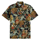OROMEN Kabuki Warriors Hawaiian shirt front flat lay showing full allover Japanese Ukiyo-e warrior print on dark navy cotton