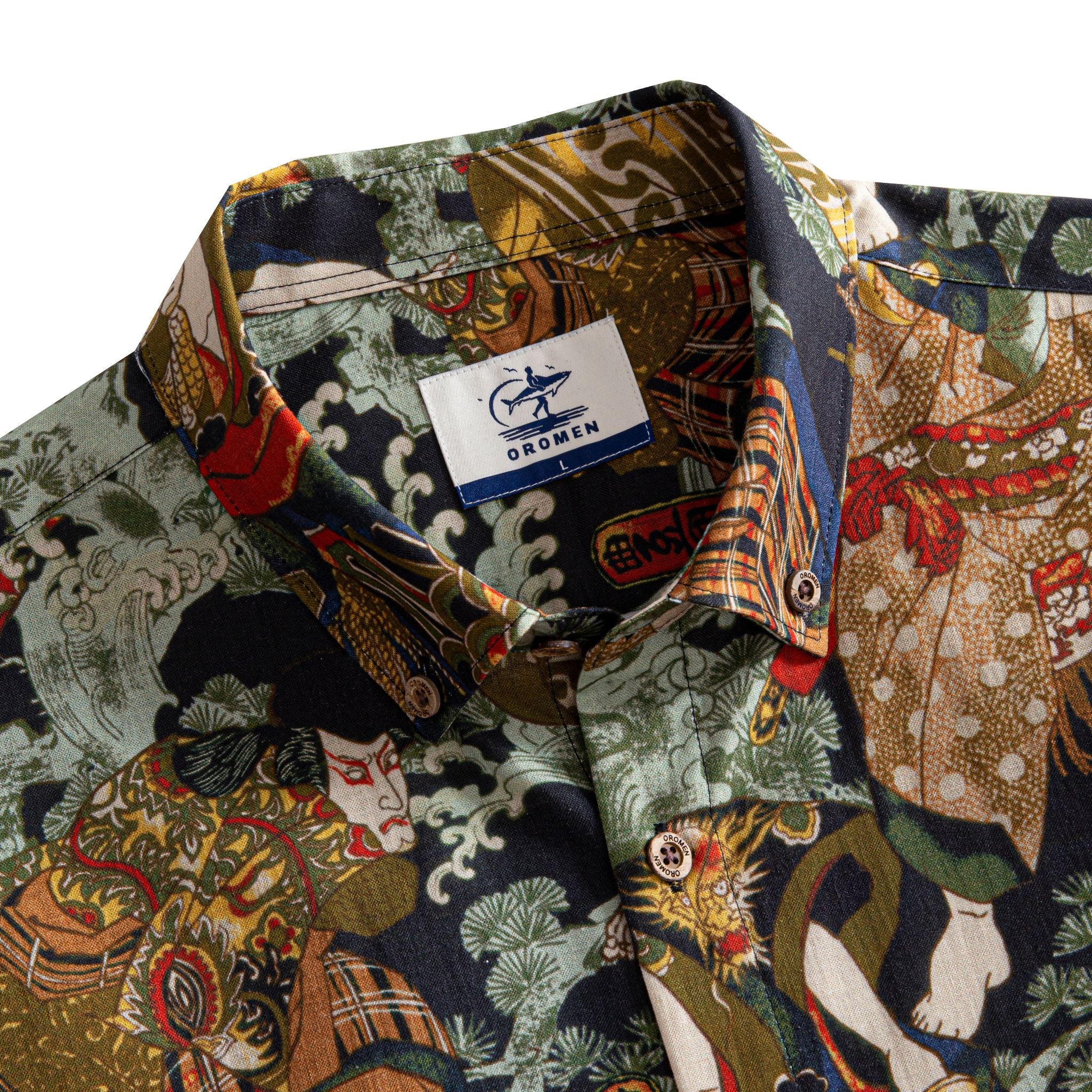 OROMEN Kabuki Warriors shirt button-down collar detail showing OROMEN branded label and Japanese Ukiyo-e warrior print on dark navy ground
