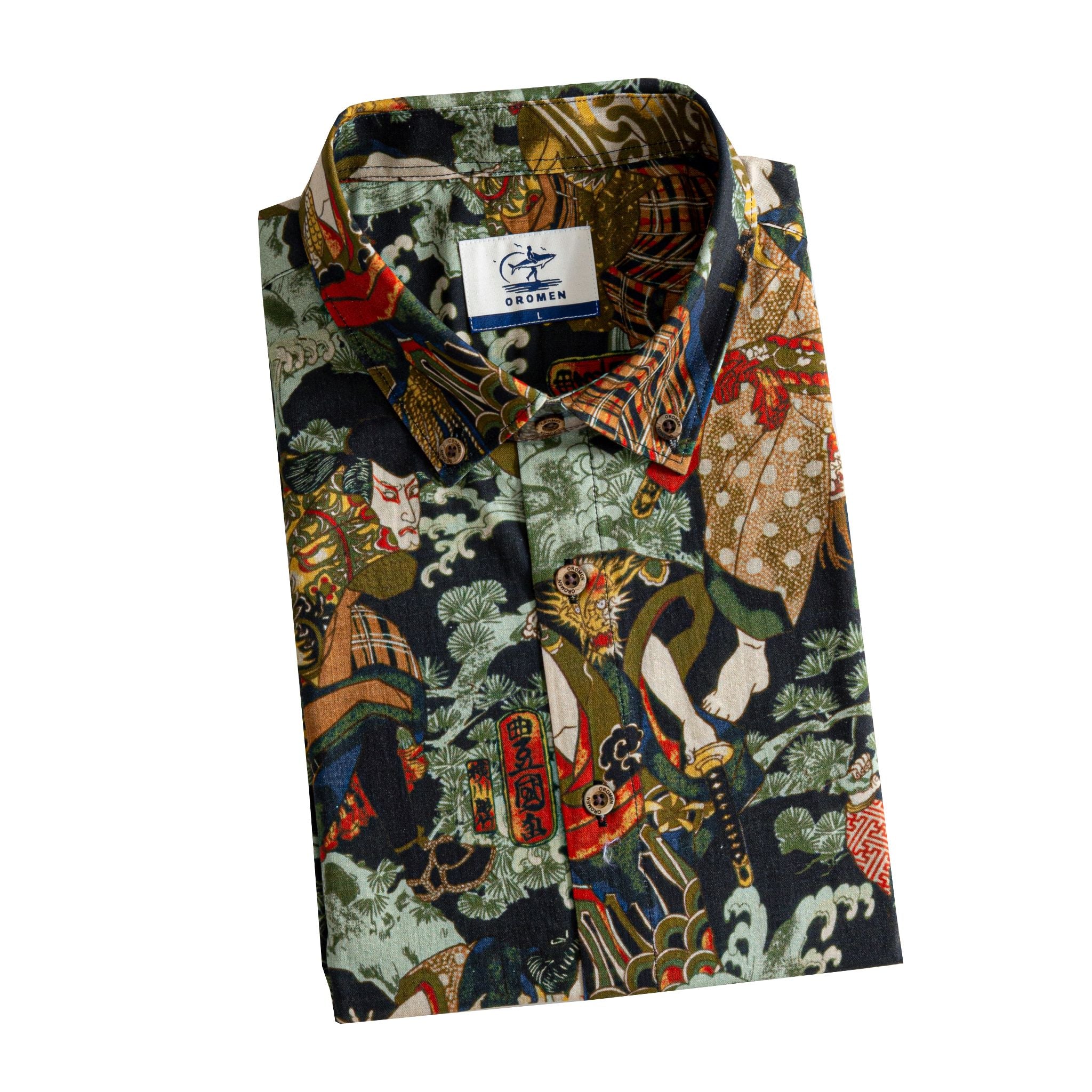 OROMEN Kabuki Warriors shirt folded display showing OROMEN branded label, coconut buttons and allover Kabuki warrior print