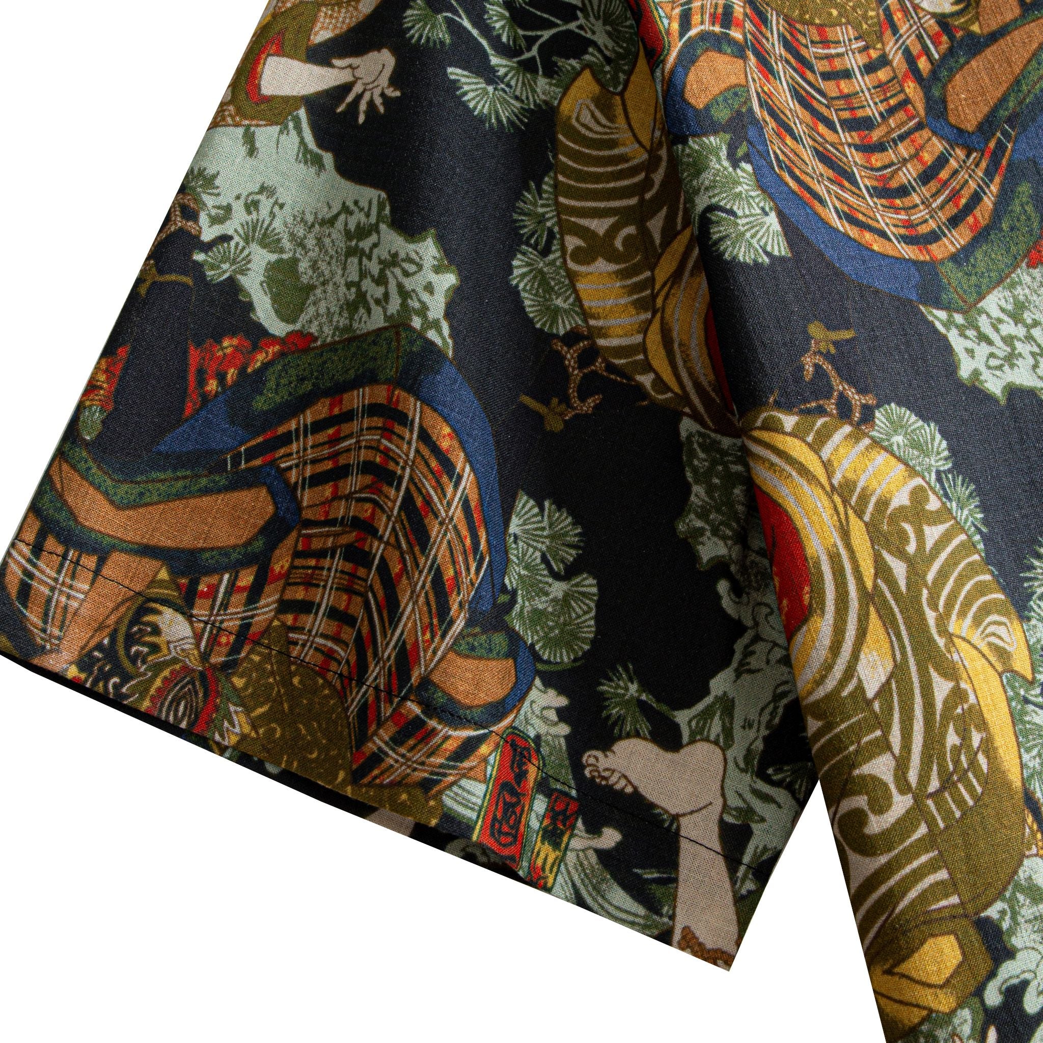OROMEN Kabuki Warriors shirt sleeve detail showing armoured warrior and pine tree motifs on dark navy 100% cotton fabric