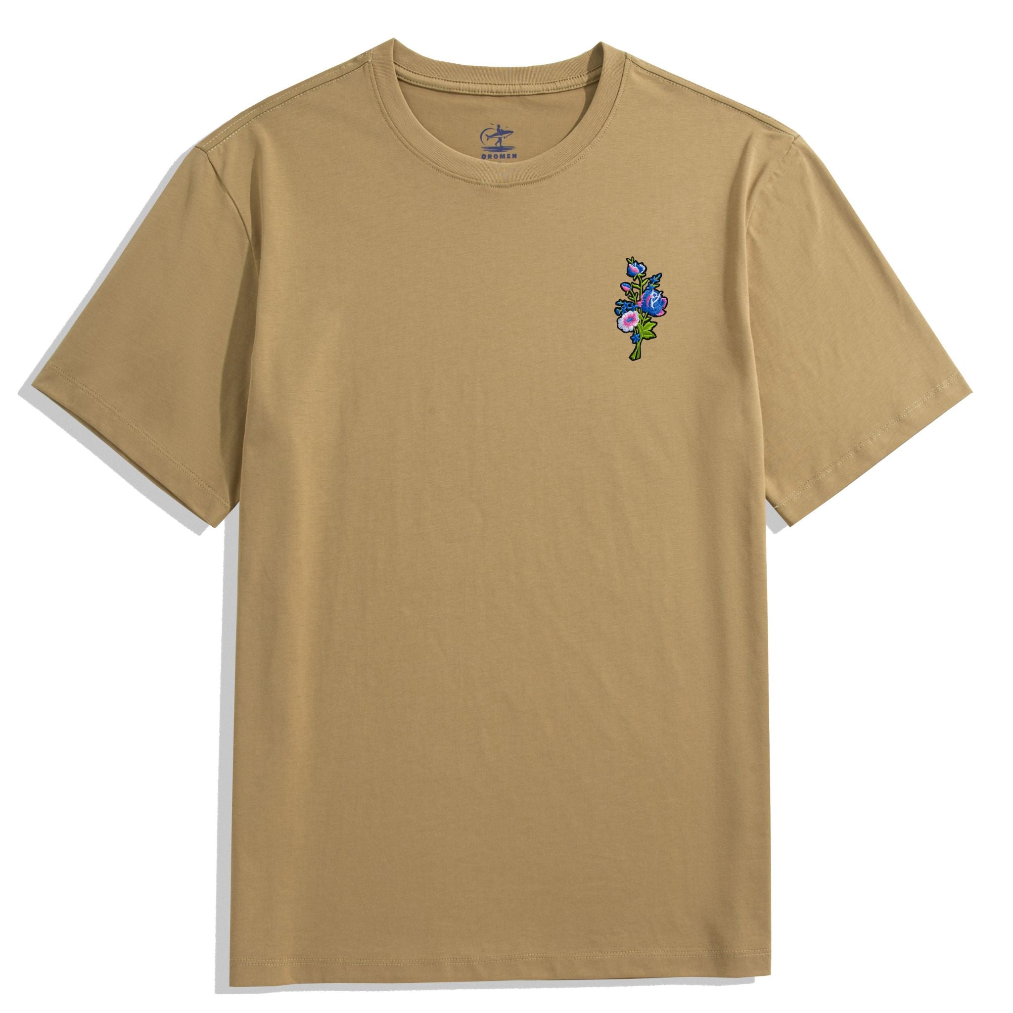 OROMEN Khaki Floral Embroidery T-Shirt – Front View