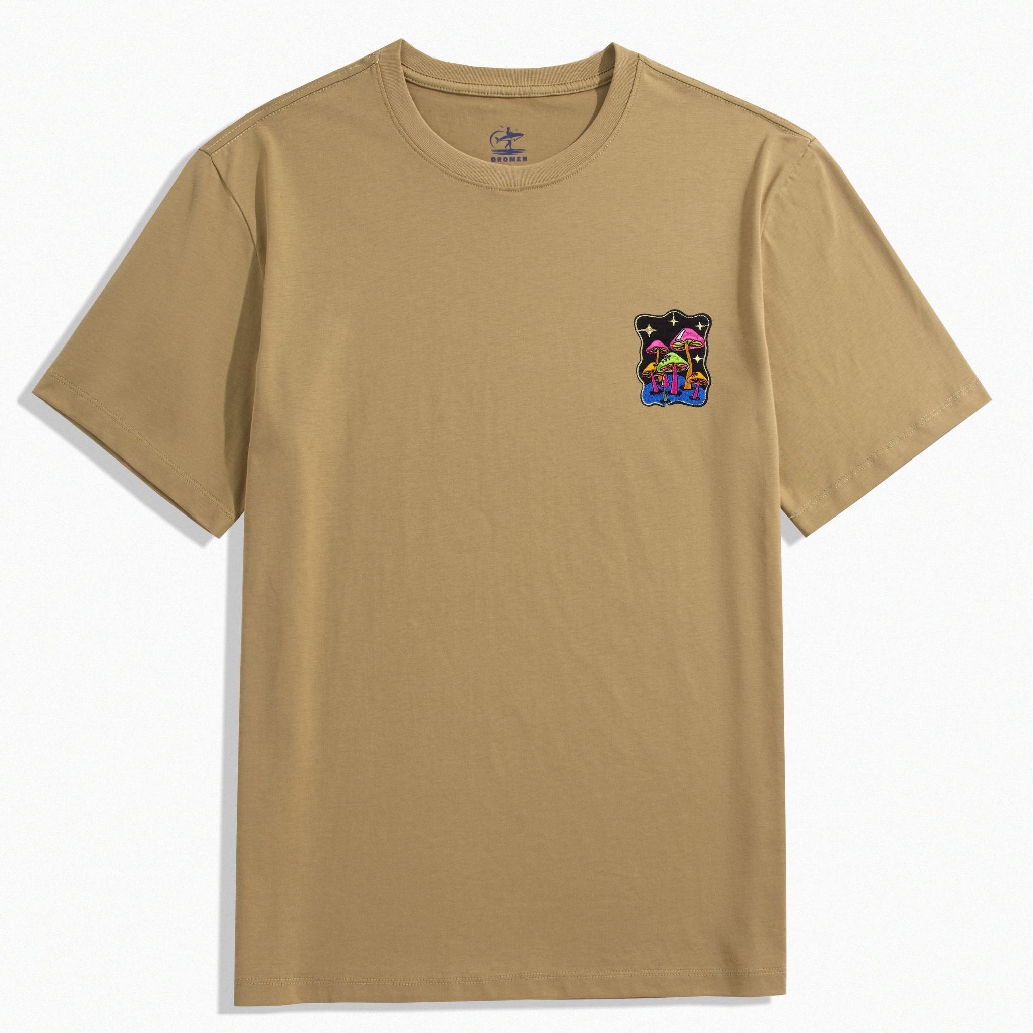 OROMEN Khaki Psychedelic Mushroom Embroidery T-Shirt – Front View
