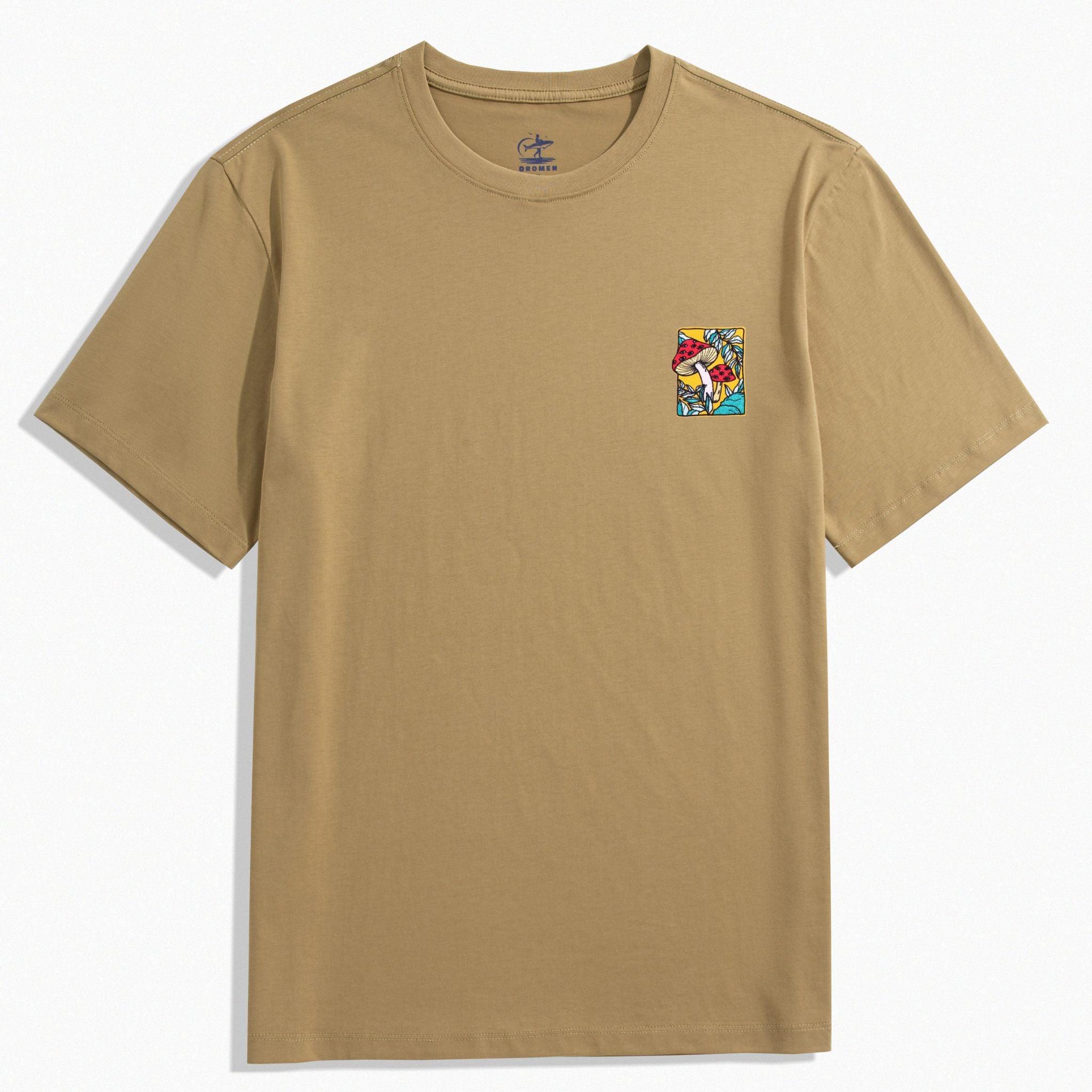 OROMEN Men's 100% Cotton T-Shirt – Wild Mushroom Embroidery Casual