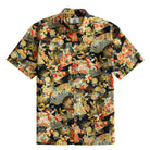 OROMEN Kiku & Fan Hawaiian Shirt – front full view black ground with gold chrysanthemum and folding fan print