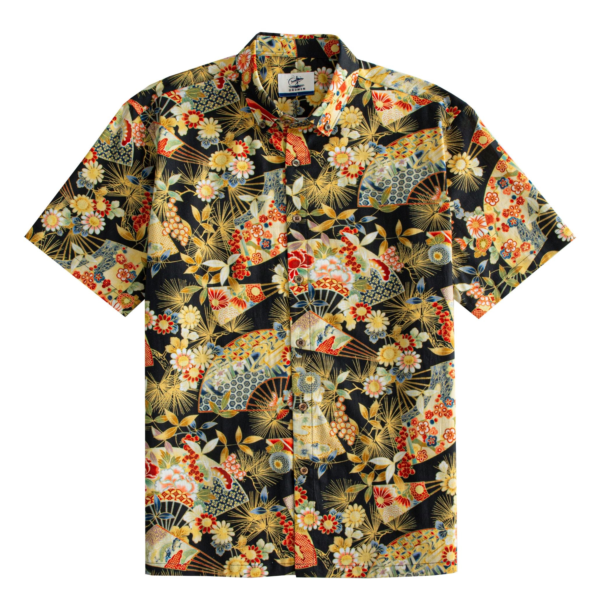 OROMEN Kiku & Fan Hawaiian Shirt – front full view black ground with gold chrysanthemum and folding fan print