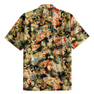 OROMEN Kiku & Fan Hawaiian Shirt – back view showing symmetrical gold fan and chrysanthemum print on black, short sleeve cut with back box pleat