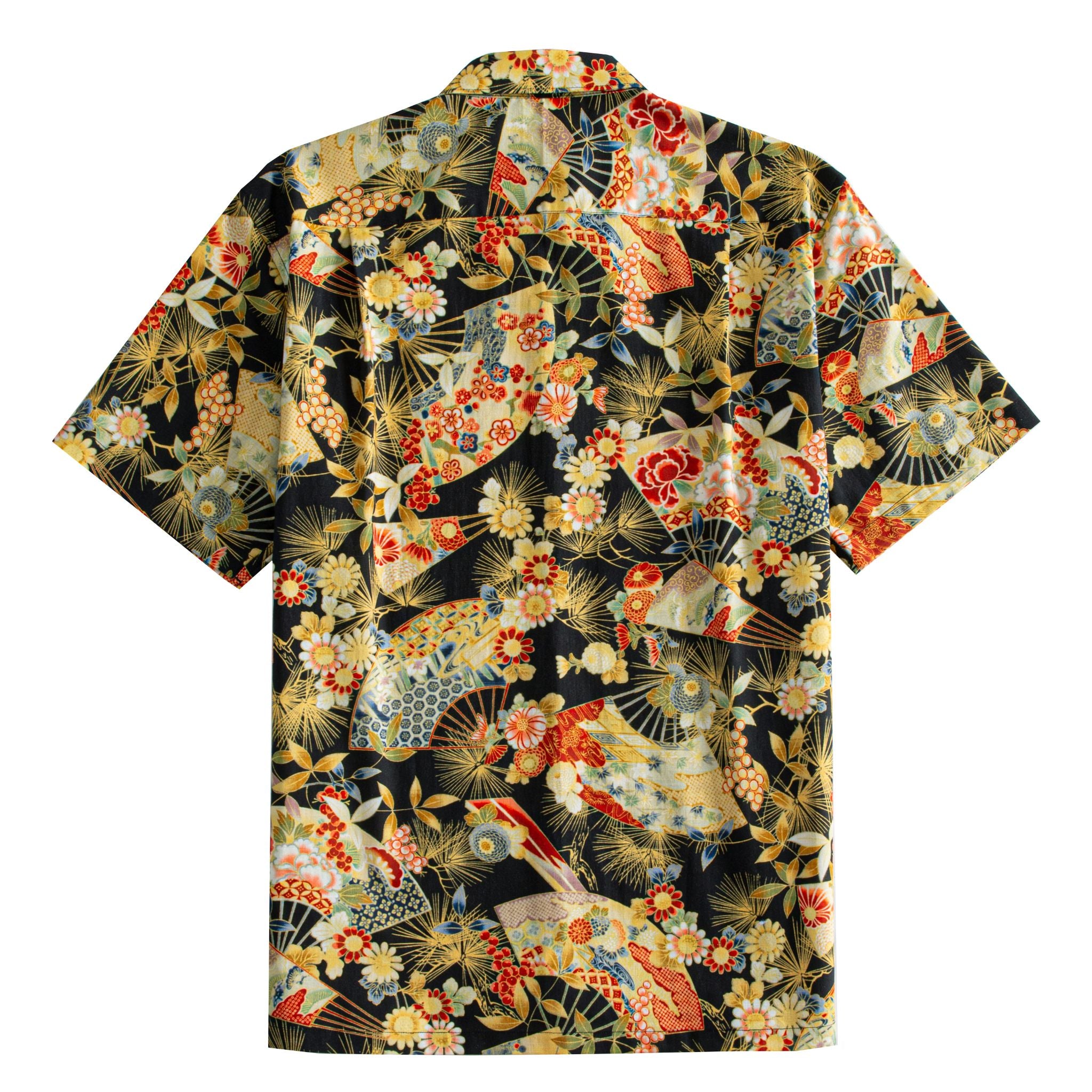 OROMEN Kiku & Fan Hawaiian Shirt – back view showing symmetrical gold fan and chrysanthemum print on black, short sleeve cut with back box pleat