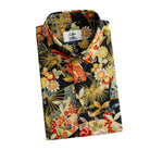 OROMEN Kiku & Fan Hawaiian Shirt – folded flat lay with OROMEN brand label, button-down collar, full view of black ground gold chrysanthemum and fan print