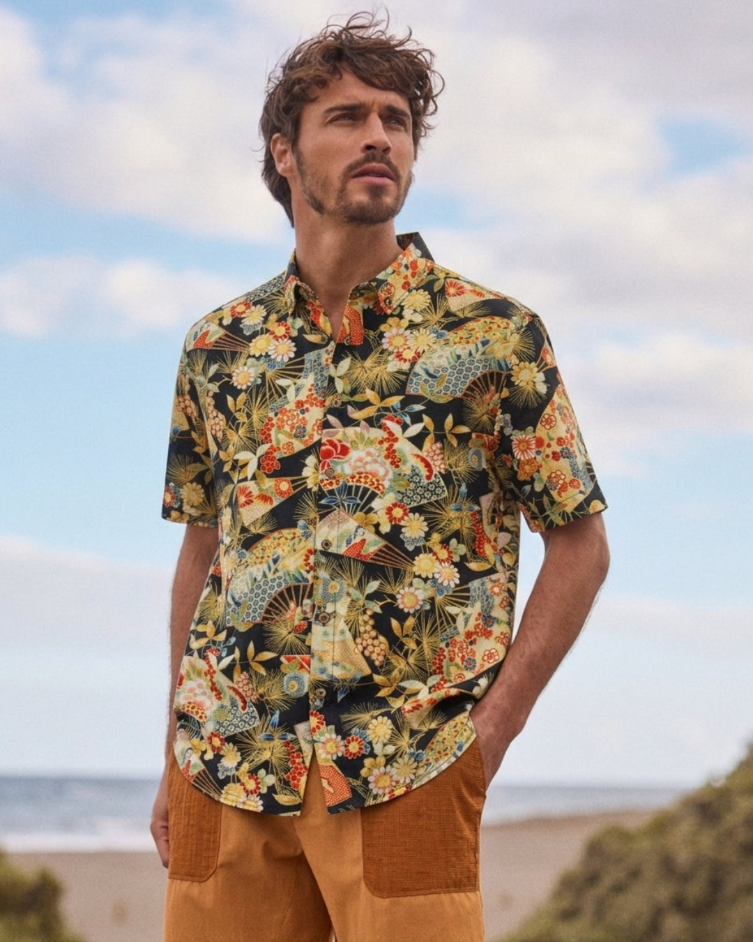 OROMEN Kiku and Fan Hawaiian Shirt – in Model