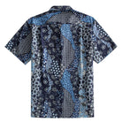 OROMEN Komon Patchwork Hawaiian shirt back flat lay, full allover navy and sky blue Japanese multi-motif patchwork print