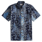 OROMEN Komon Patchwork Hawaiian shirt front flat lay, allover navy and sky blue Japanese multi-motif patchwork print
