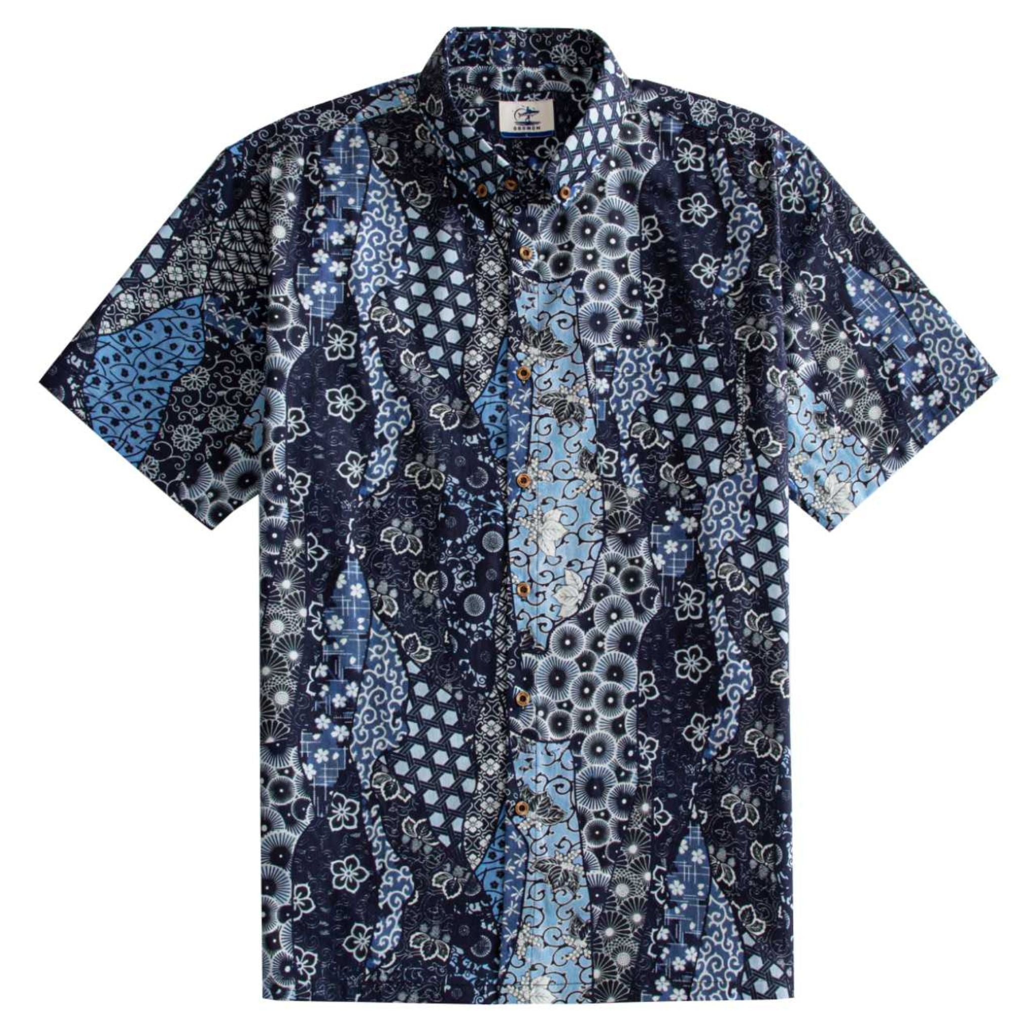 OROMEN Komon Patchwork Hawaiian shirt front flat lay, allover navy and sky blue Japanese multi-motif patchwork print