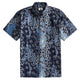 OROMEN Komon Patchwork Hawaiian shirt front flat lay, allover navy and sky blue Japanese multi-motif patchwork print