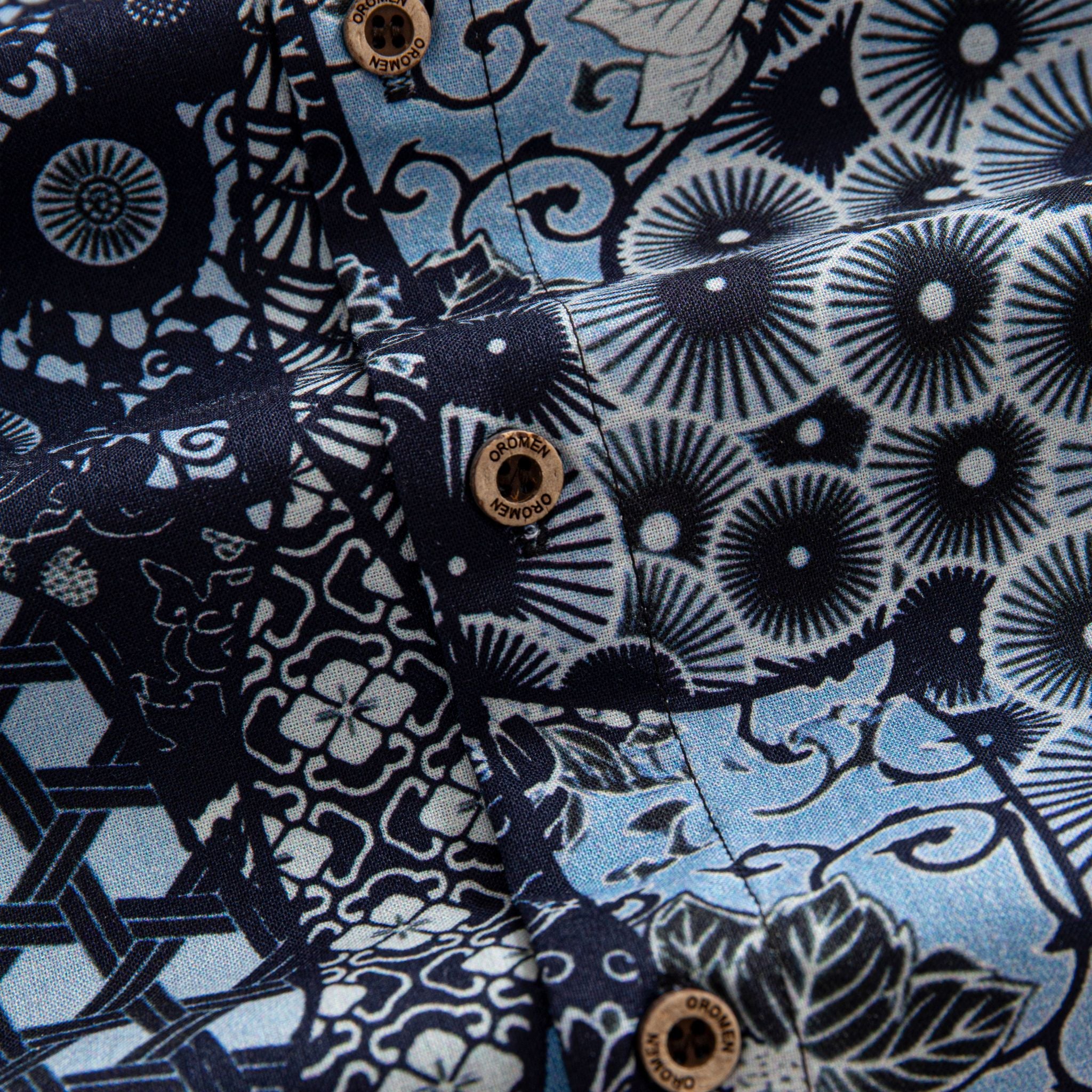OROMEN Komon Patchwork shirt branded coconut button close-up, navy and sky blue Japanese patchwork print