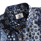 OROMEN Komon Patchwork shirt camp collar and branded label detail, navy and sky blue Komon patchwork print