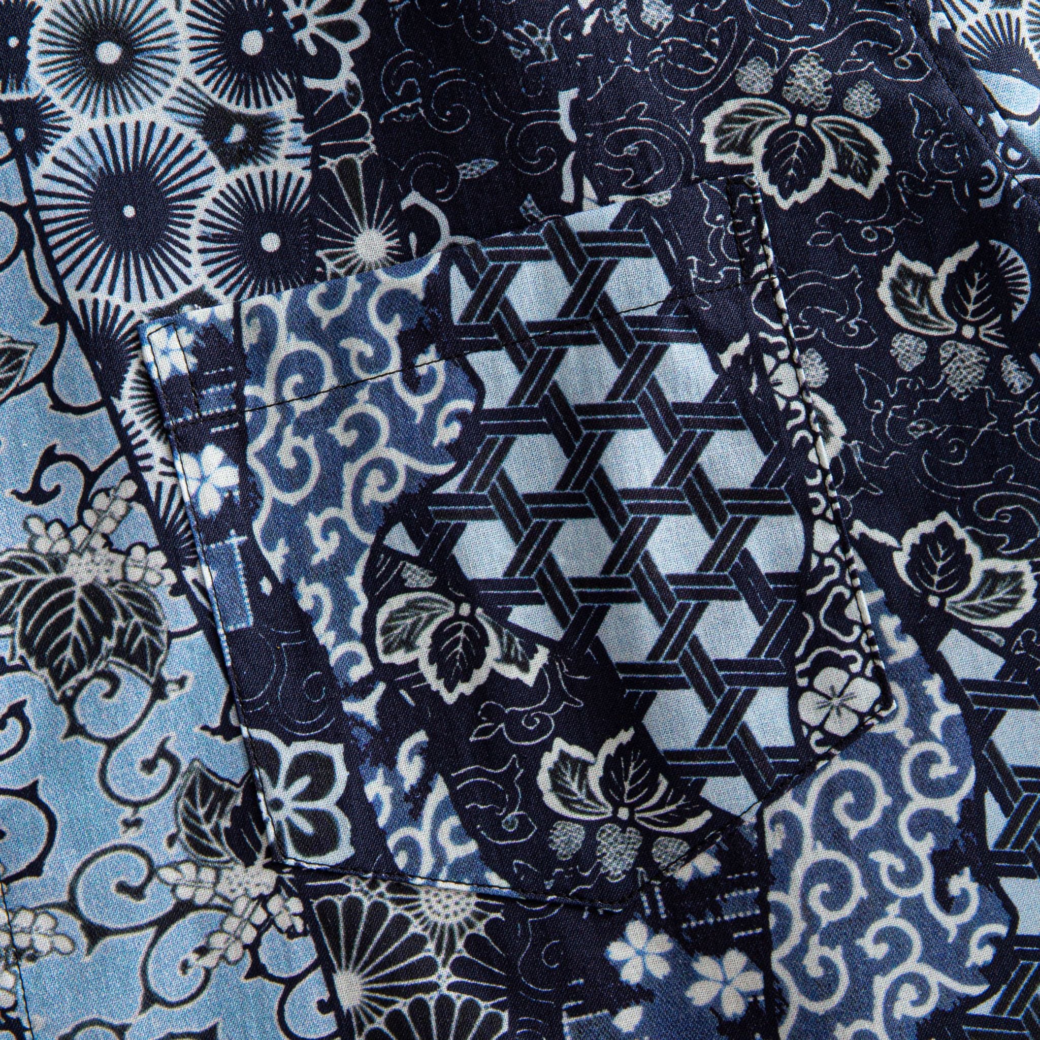 OROMEN Komon Patchwork shirt chest pocket detail, tortoiseshell lattice and floral patchwork in navy and sky blue