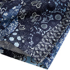 OROMEN Komon Patchwork shirt side vent and hem detail, navy and sky blue Komon patchwork with double needle stitching