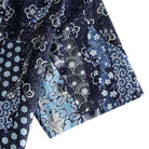 OROMEN Komon Patchwork shirt sleeve detail, chrysanthemum and geometric patchwork in navy and sky blue cotton