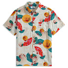 OROMEN Kyoto Folding Fan Hawaiian Shirt – Beige Cotton, Red Teal and Gold Sensu Fan Wagara Print, Front View