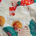 OROMEN Kyoto Folding Fan Shirt – Chest Pocket Detail, Red and Teal Sensu Fan Wagara Print on Beige Cotton
