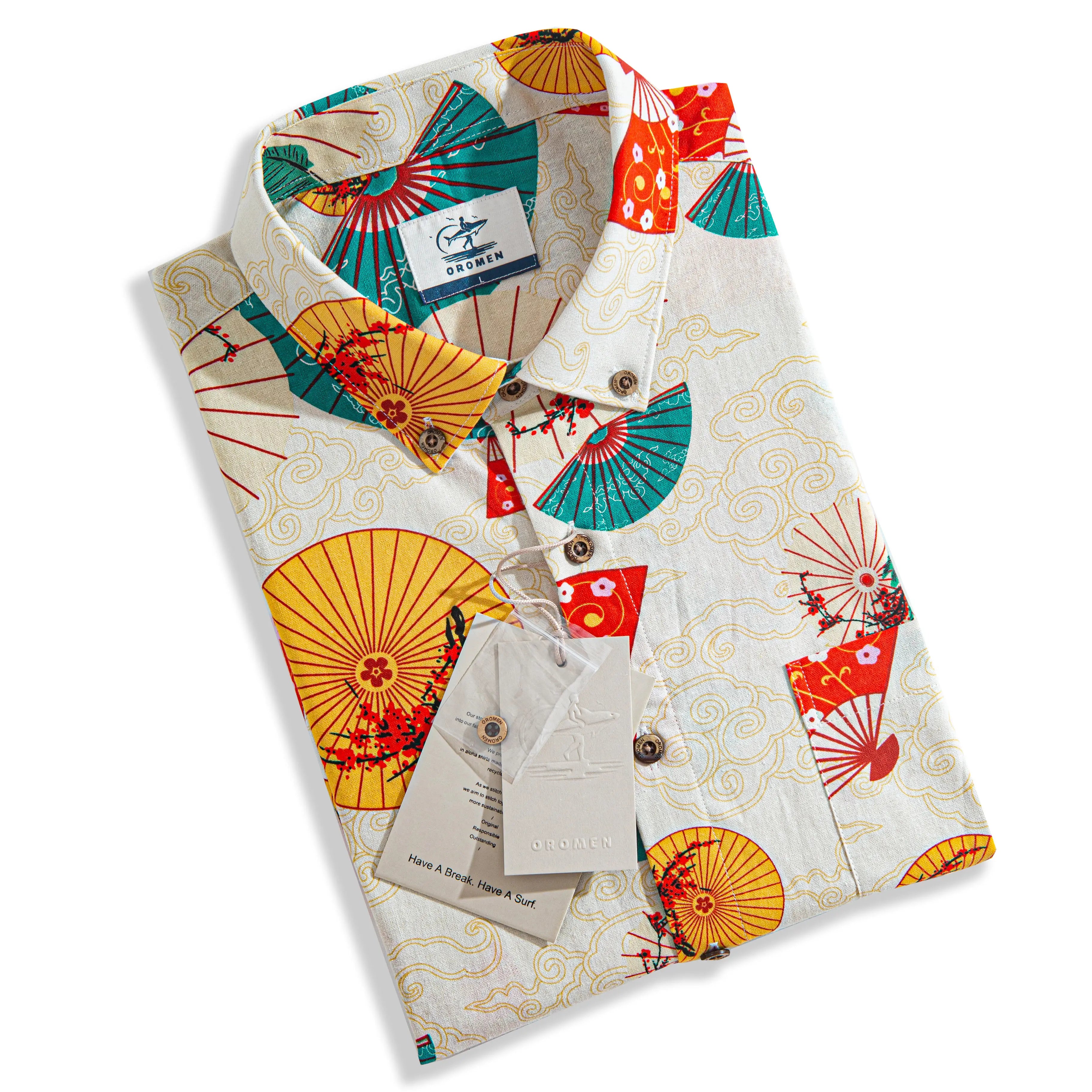 OROMEN Kyoto Folding Fan Shirt – Folded Display with Brand Label and Hangtag, Beige Japanese Sensu Fan Print
