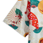OROMEN Kyoto Folding Fan Shirt – Sleeve Detail, Teal and Red Sensu Fan with Plum Blossom Wagara Print