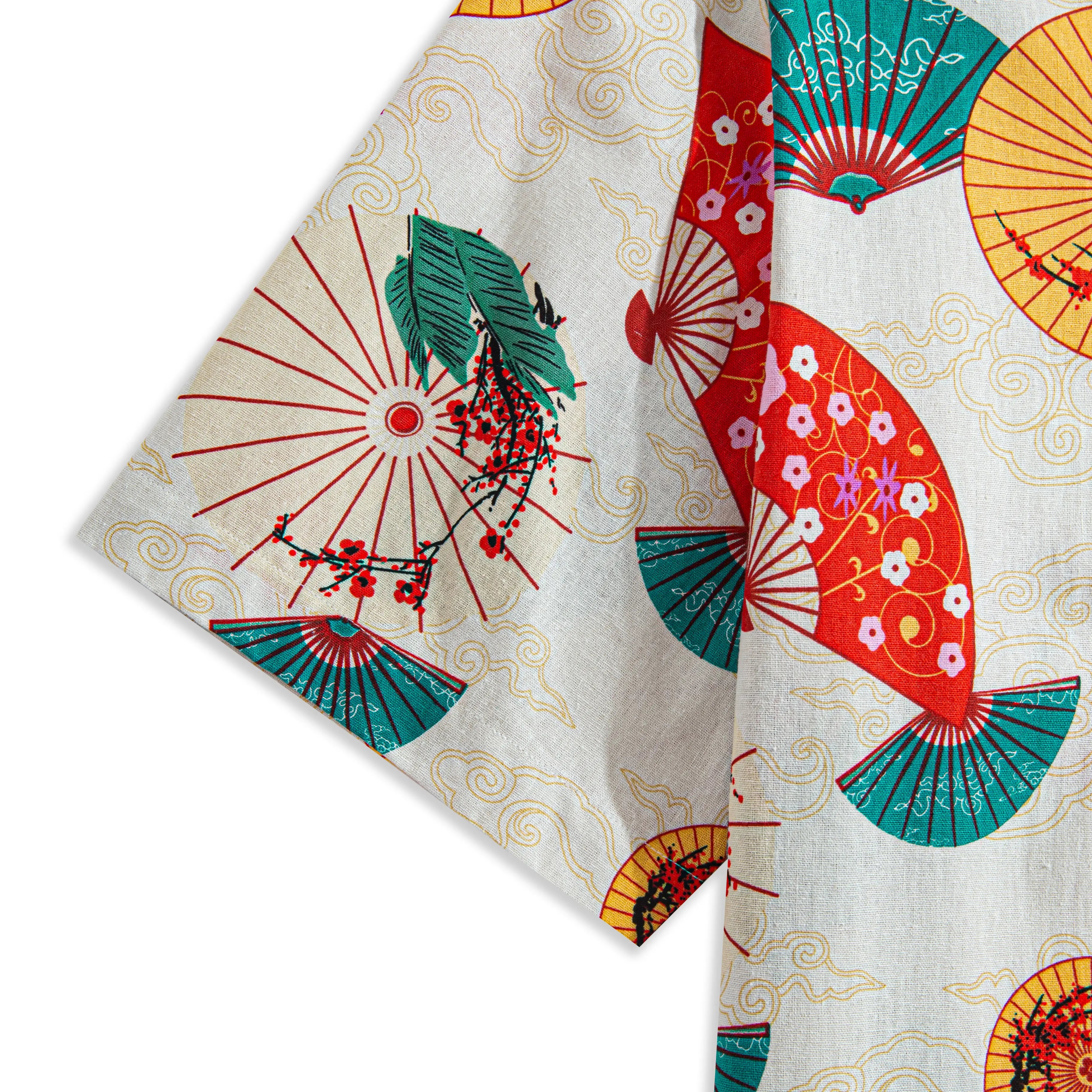 OROMEN Kyoto Folding Fan Shirt – Sleeve Detail, Teal and Red Sensu Fan with Plum Blossom Wagara Print