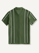 OROMEN Marcel Striped Knit Polo back flat lay showing continuous vertical contrast stripes