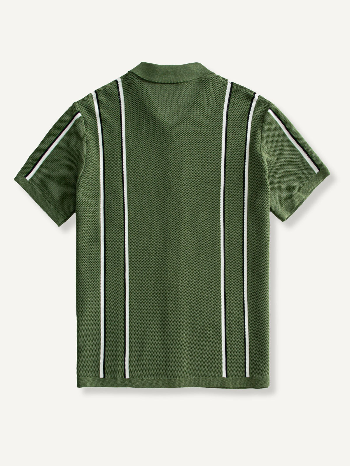 OROMEN Marcel Striped Knit Polo back flat lay showing continuous vertical contrast stripes