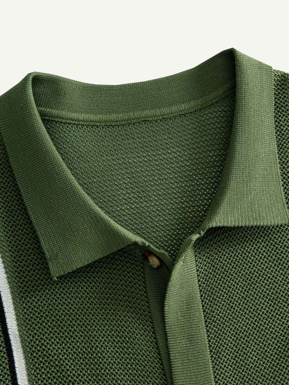 OROMEN Marcel Striped Knit Polo collar detail showing relaxed camp collar and button placket