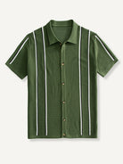 OROMEN Marcel Striped Knit Polo front flat lay in olive green with vertical contrast stripes
