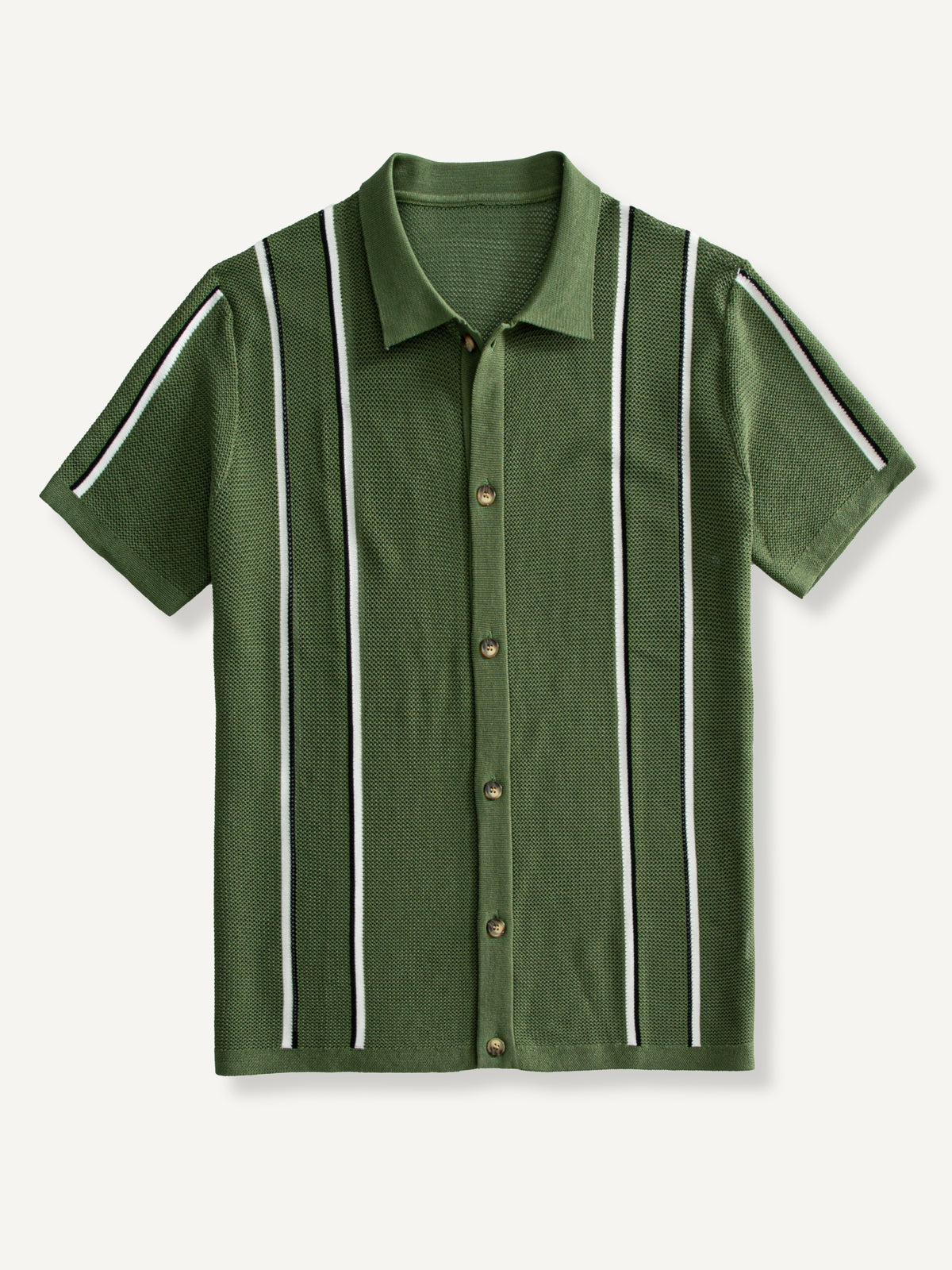 OROMEN Marcel Striped Knit Polo front flat lay in olive green with vertical contrast stripes