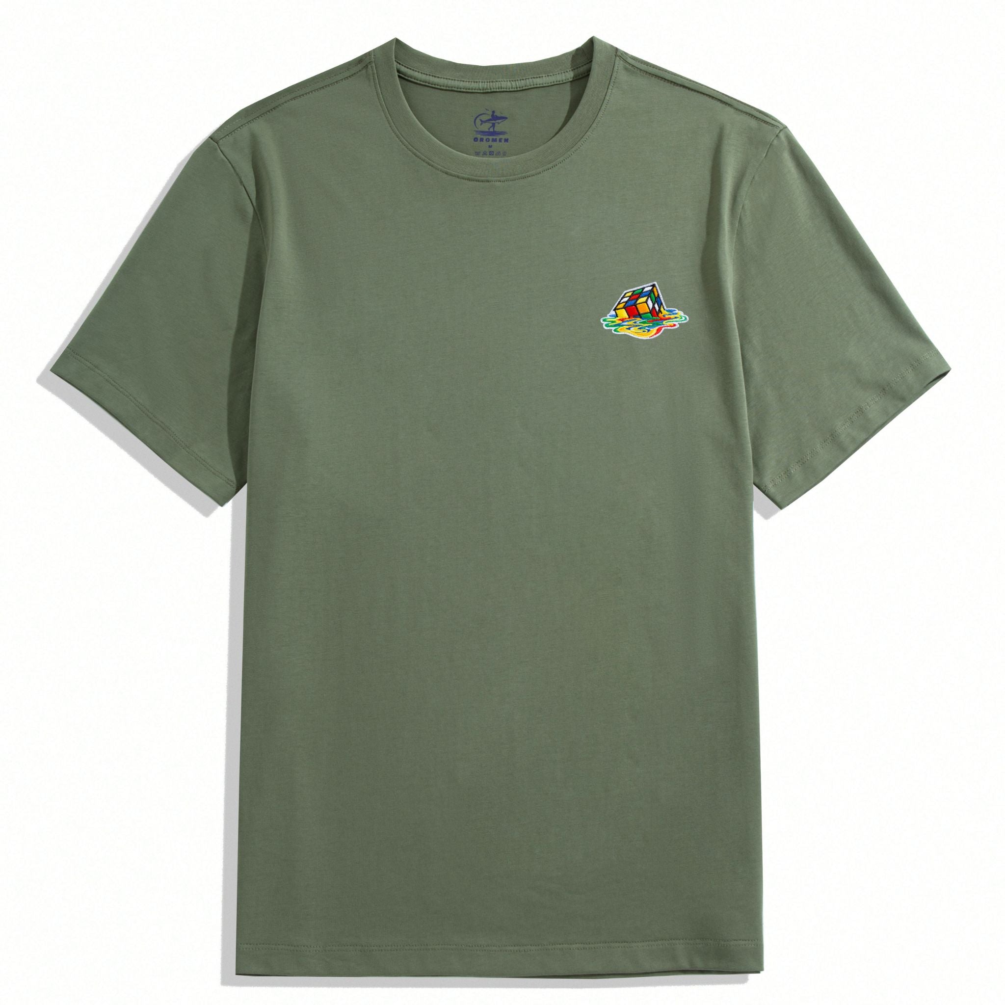OROMEN Melting Cube Embroidery Tee – Army Green Colorway Front View