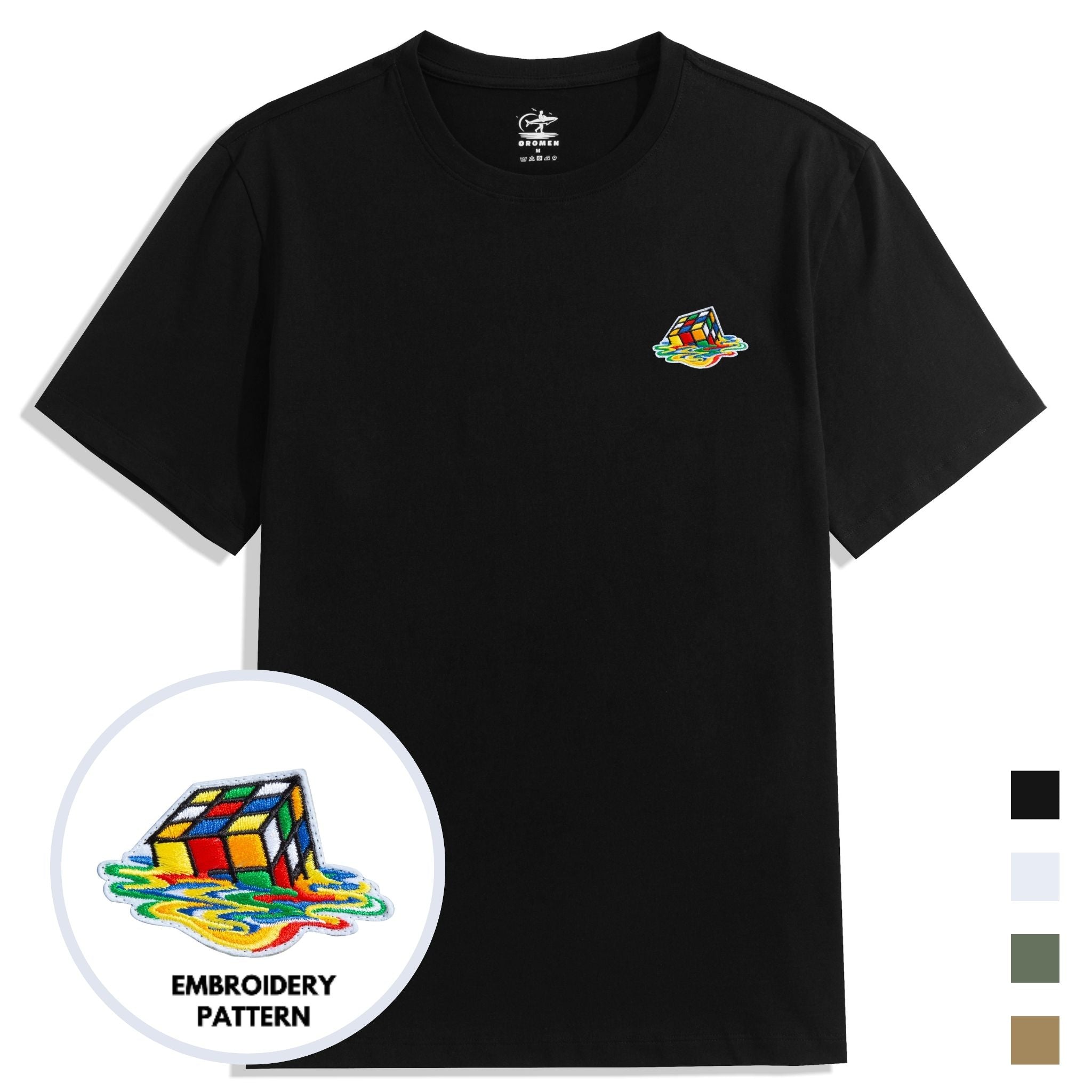 OROMEN Melting Cube Embroidery Tee – Flat Lay All Colors Overview