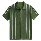 OROMEN Men's Army Green Ice Silk Striped Knit Polo Shirt — Front Flat Lay, Vertical Contrast Stripe Detail, 100% Polyester