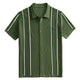 OROMEN Men's Army Green Ice Silk Striped Knit Polo Shirt — Front Flat Lay, Vertical Contrast Stripe Detail, 100% Polyester