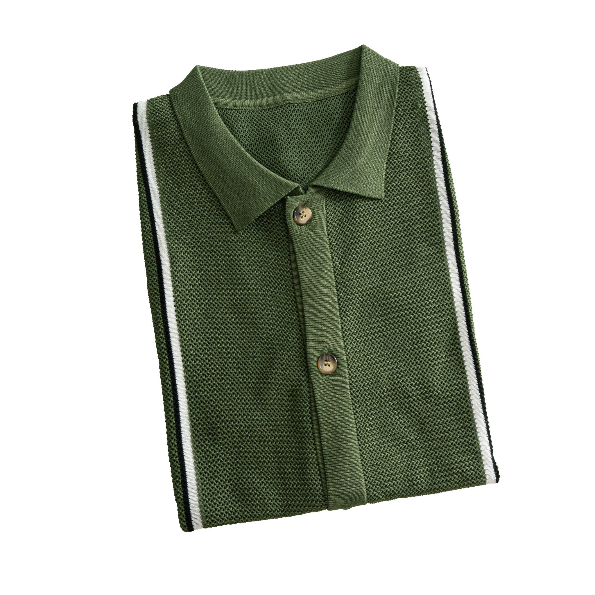 OROMEN Men's Army Green Striped Knit Polo Shirt — Folded Flat Lay Showing Full Silhouette and Side Stripe Panel