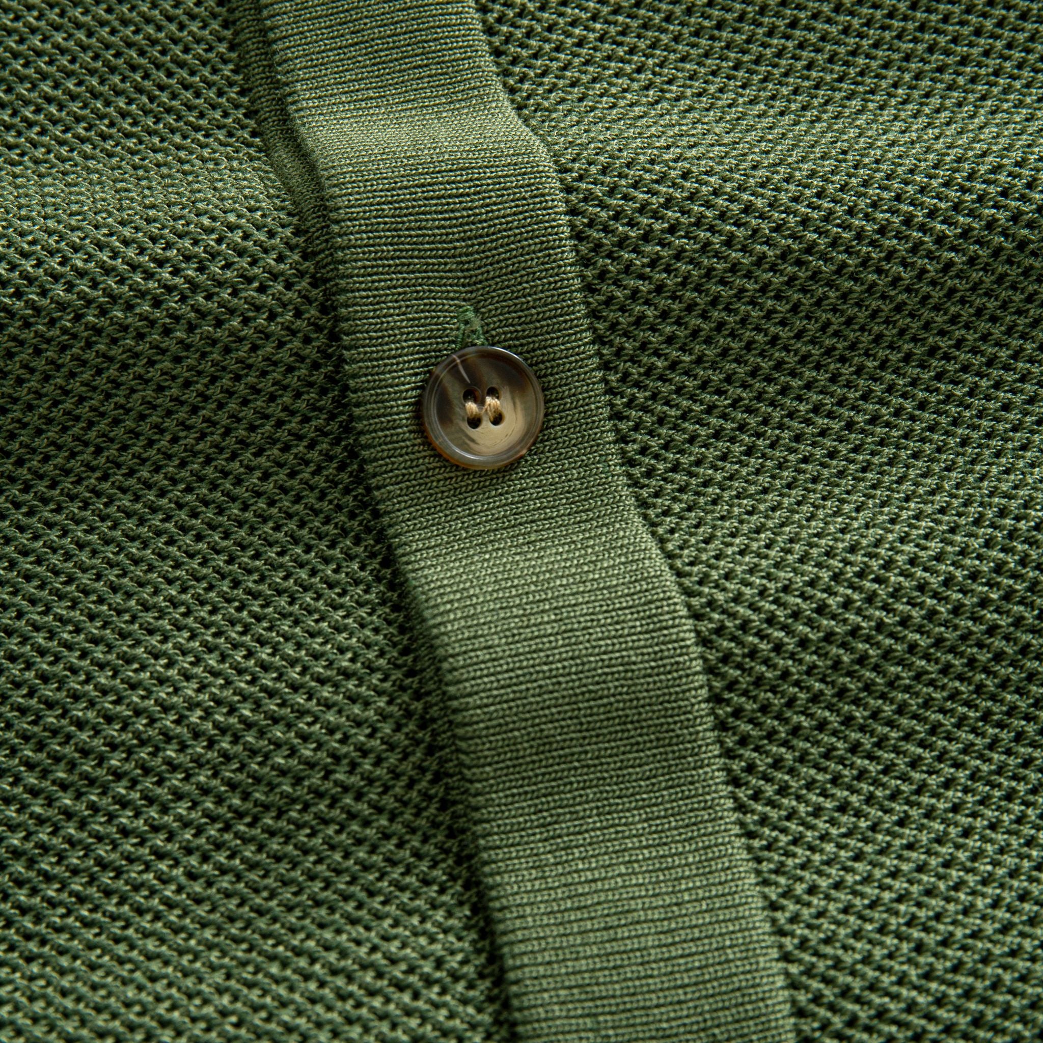 OROMEN Men's Knit Polo Shirt — Vintage Button Placket Close-Up, Army Green Ice Silk Fabric, Full Button-Down Front