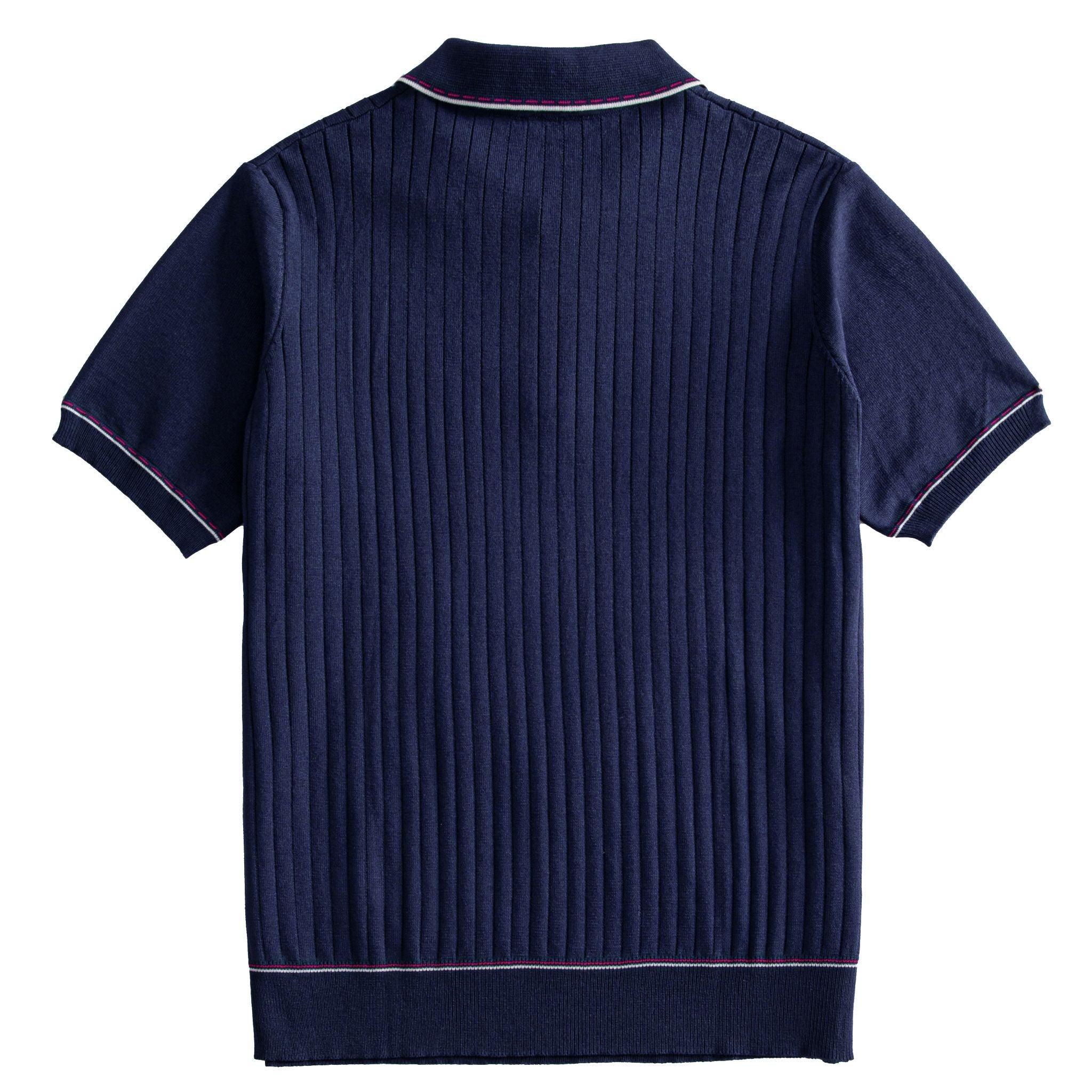 OROMEN Men's Navy Ribbed Knit Polo Shirt — Back View Showing Full Wide-Rib Knit Body and Contrast-Tipped Collar and Cuffs
