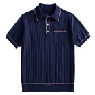 OROMEN Men's Navy Wide-Rib Knit Polo Shirt — Front Flat Lay Showing Full Silhouette, Contrast Tipping and Welt Chest Pocket