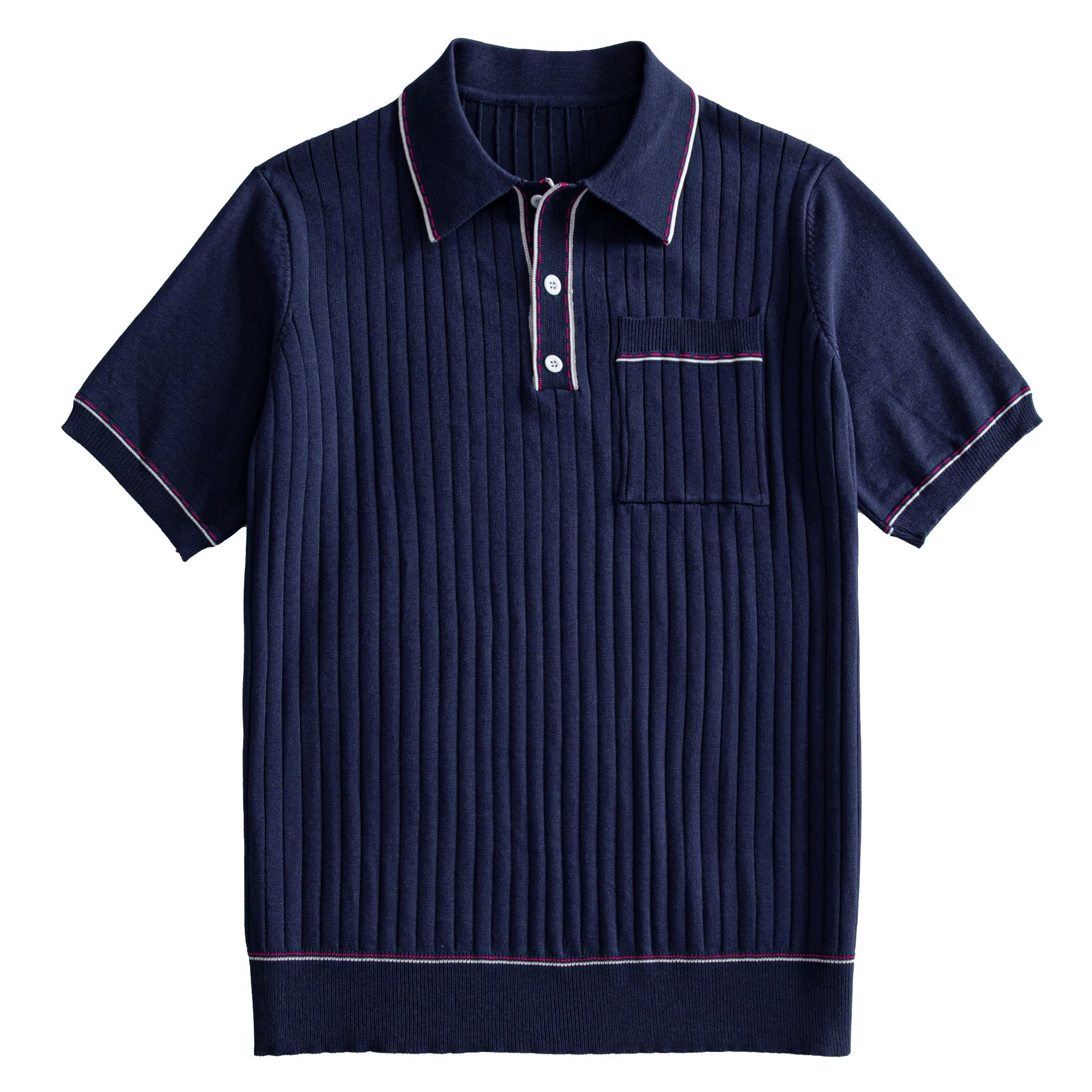 OROMEN Men's Navy Wide-Rib Knit Polo Shirt — Front Flat Lay Showing Full Silhouette, Contrast Tipping and Welt Chest Pocket